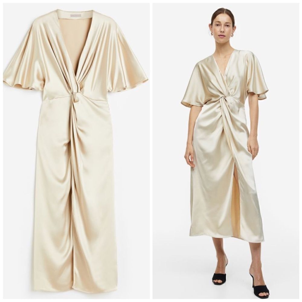 H&M Draped Satin Dress Light Beige New